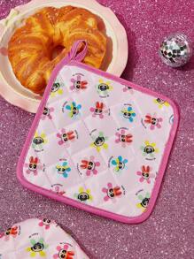 THE POWERPUFF GIRLS X SHEIN Blossom, Bubbles, Buttercup Pattern Cute Kitchen Baking Heat Insulation Products, 2 Options: Gloves/Mat, Oven-Friendly, Thickened Cotton Padding To Insulate Heat,Y2K - Pink - View 4