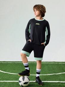 JNSQ Conjunto de uniforme de manga larga y pantalones cortos para deportes al aire libre para volver a la escuela, niños con cuello redondo, parches de color contrastante y estampado divertido, conjunto de manga larga y pantalones cortos para deportes al aire libre - Multicolor - Ver 3