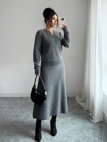 Elenzga 女士秋冬阿尼乌苏秋季上衣节日独立日灰色音乐演唱会复古教师斯德哥尔摩优雅百搭针织毛衣和裙子2件套 - 灰色 - 查看 2