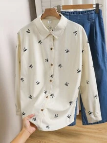 SHEIN 少女外套，杏色底蝴蝶结印花少女外套，灯芯绒内衬，宽松版型，休闲日常风格 - 杏色 - 查看 1
