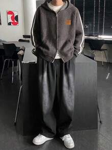 DAZY Men's Zip-Up Hoodie Cardigan With Brown Patch, Autumn Jacket - Brown - View 4