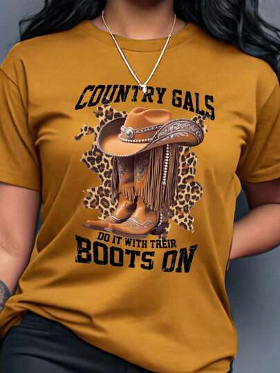 SHEIN LUNE Music Festival Print Round Neck Women T-Shirt COUNTRY GALS DO IT WITH THEIR BOOTS ON Graphic Tees Women Tops