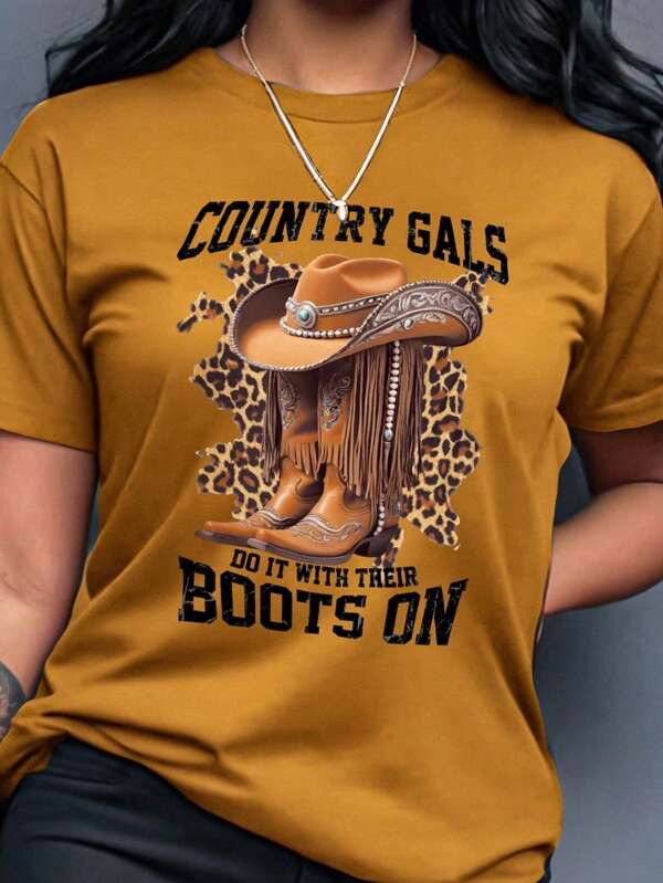 SHEIN LUNE تي شيرت نسائي بطبعة مهرجان موسيقي بياقة مستديرة COUNTRY GALS DO IT WITH THEIR BOOTS ON طباعة جرافيك ملابس علوية نسائي