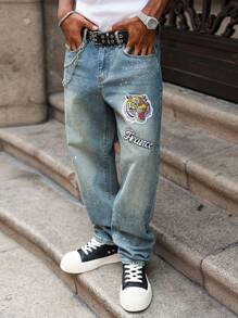 Manfinity Roghcode Manfinity Streetrush Washed Blue Straight Leg Jeans With Tiger Head Embroidered Patch, Street Fashion For Spring/Summer - Medium Wash - View 5