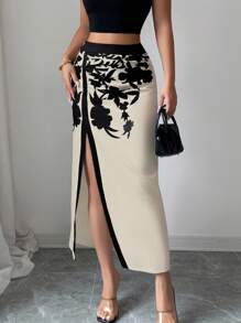 Selianne Women's Elegant Commuter Floral Print High Slit Skirt Fall Cloth For Women - Multicolor - View 3