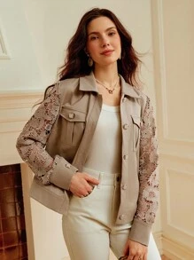 Omancia Women's Lace Patchwork Short Jacket, Elegant & Sophisticated, Suitable For Spring/Autumn, Back To School, Thanksgiving, Halloween, Long Sleeve Top, Y2K , Basic Australian Style Fall Winter Cloth For Women