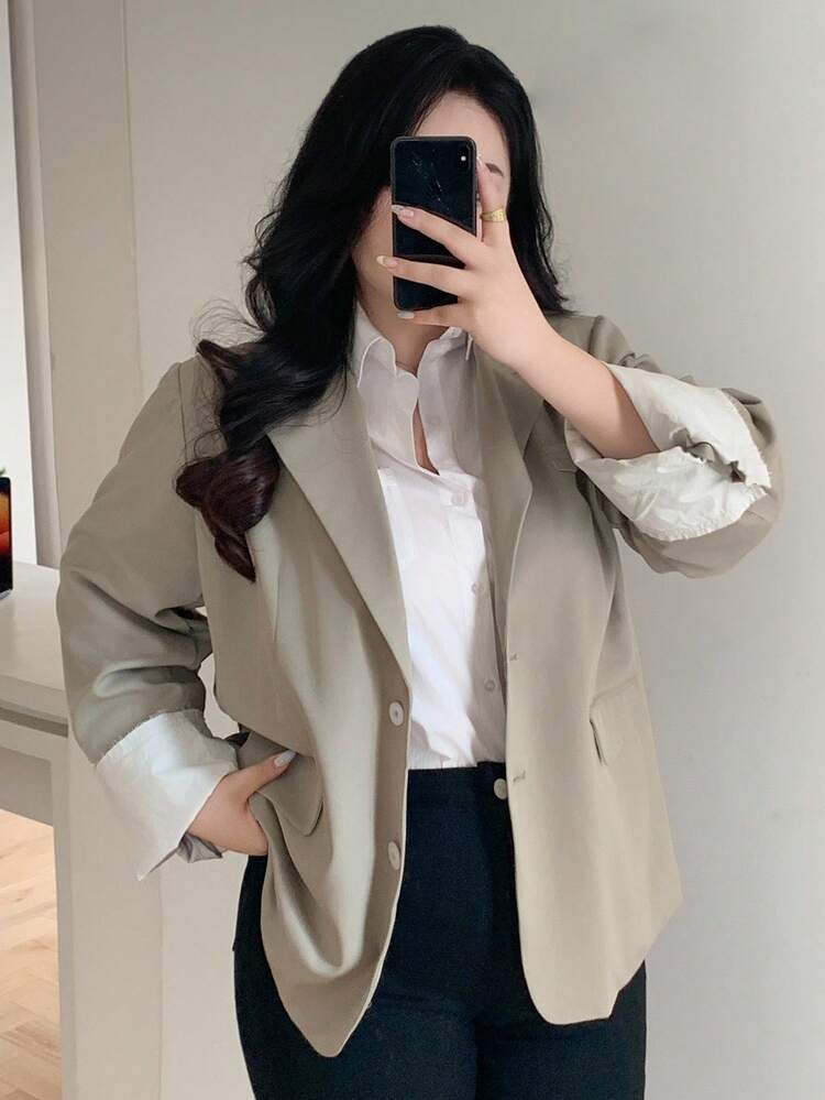 Dazy Plus Plus Size Women Casual/Business Blazer With Lapel Collar, Loose Straight Fit, Long Sleeve, Contrast Trim & Button Decor