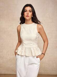 House of One Old Money Round Neck Jacquard White Top With Layered Flared Waist Hem Detail Women Elegant Summer Autumn White Peplum Top Peplum Tops Peplum Top Women White Elegant Top