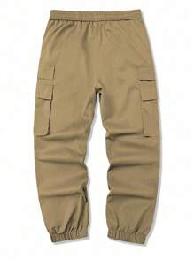 Manfinity Homme 男士休闲街头纯色抽绳腰部翻盖口袋工装裤棕色工装裤男士卡其色工装裤，秋季 - 卡其色 - 查看 2