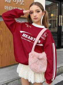 SHEIN Leap Crew 复古条纹，复古美国城市字母图案，安格拉复古红色，青少年女孩休闲宽松圆领舒适长袖运动衫，适合秋冬季，返校季，2000 年代风格，Y2K 服装，韩式风格，秋装，返校节，冬装，垃圾摇滚 - 彩色 - 查看 2