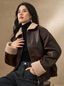 DAZY Áo khoác da mùa đông cho nữ có cổ màu tương phản thường ngày bằng da PU - Cà phê nâu - Xem 7