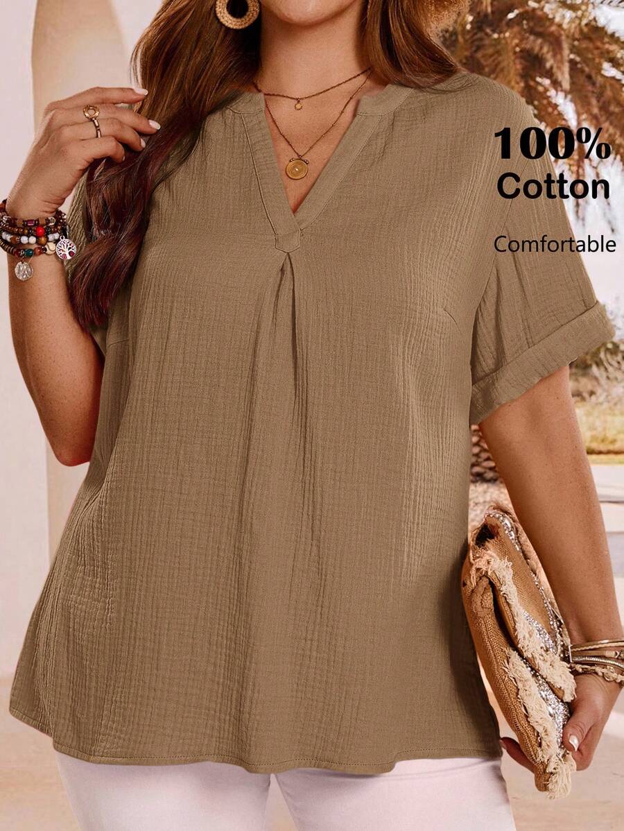 EMERY ROSE 大码夏季简约纯色纹理缺角领短袖宽松束腰上衣衬衫，夏季假期，女士度假，简约时尚日常穿着，度假风，春假，休闲春装，波西米亚风，外出，2025新款，秋季女士，舒适透气 - 棕色 - 查看 1