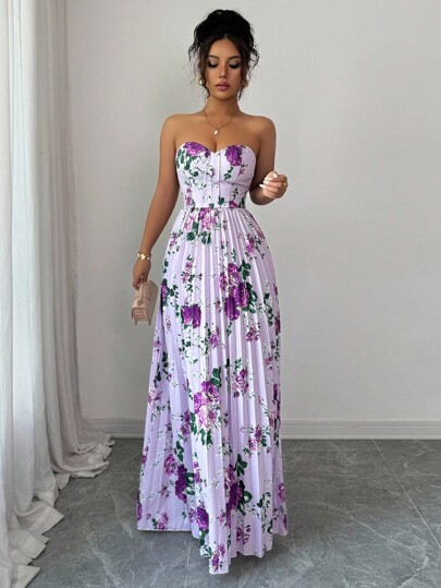 Selianne Elegant Romantic Floral Print Ruched Waist A-Line Camisole Dress For Women