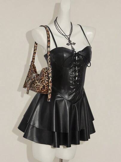 SHEIN ICON 女士 Y2K 时尚性感俱乐部派对节日服装 Y2K 俱乐部服装露背 PU 皮革迷你吊带裙，黑色