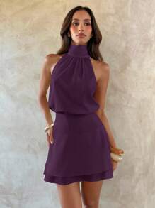 Aloruh Women's Sexy & Elegant Halter Neck Chiffon Waist Ruched Dress - Purple - View 4