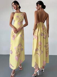 Firerie 女士纯色休闲细肩带露背花卉印花宽松夏威夷度假太阳裙，黄色黄油黄色女士夏季连衣裙 - 黃色 - 查看 10