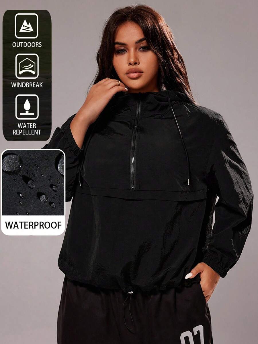 Rustia Plus Size Solid Color Waterproof Hooded Long Sleeve Jacket Fall Winter Cloth For Women Autumn CASUAL - Black - View 1