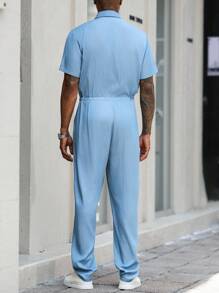 Manfinity Homme Combinaison d'été ample et décontractée pour hommes, avec manches raglan, couleur unie et cordon de serrage à la taille - Bleu azur - Voir 2