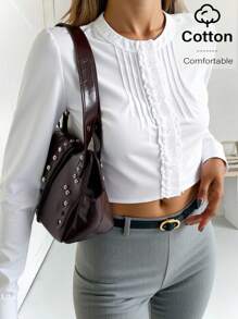 Siren Gaze Back-To-School Season: White Blouse, Striped Texture, Long Sleeves, Suitable For Commuting, Casual/Work, Solid Color, Short Blouse. Winter - White - View 1