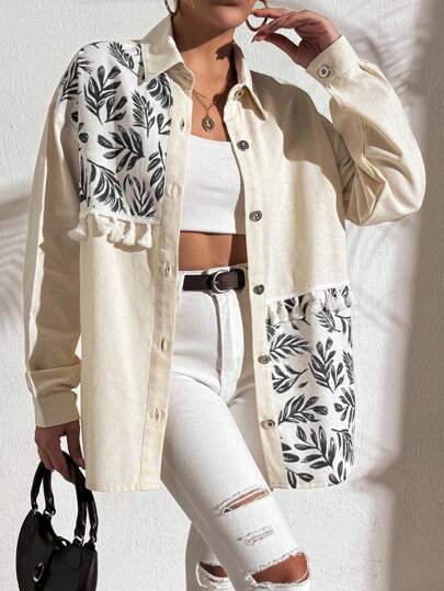 EURMUSE 100%Cotton Plant Print Fringed Drop Shoulder Sleeve Shirt