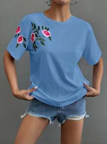 RueChic 100%Cotton T-Shirt With Flower Embroidery, Round Collar - Blue - View 3