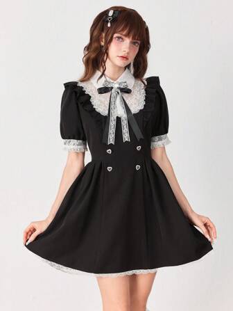 J-Fashion Women's Cute Princess College Style Contrast Color Lace Patchwork Peter Pan Collar Delicate Accessory Decor Puff Sleeve Pleated Dress