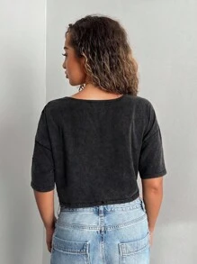 StreetHx Women's Distressed Washed Ripped Short Crew Neck Short Sleeve T-Shirt - Black - View 3