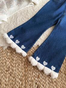 SHEIN Áo thun in hình trái tim dễ thương và quần denim thêu hình trái tim thời trang thu đông cho bé gái - Nhiều màu - Xem 4