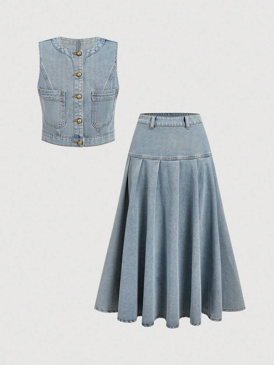 SHEIN MOD 女士纯色纽扣前无袖上衣和褶皱牛仔裙休闲套装牛仔裙套装2件套牛仔套装女式牛仔装女式两件套裙套装女式背心和裙子套装 - 中等水洗藍 - 查看 1