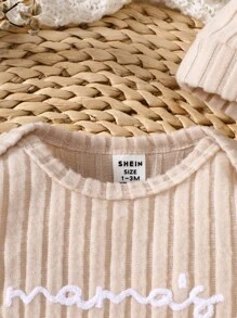 SHEIN Combinaison à manches longues et chapeau pour bébé unisexe nouveau-né, imprimé de lettres, confortable et décontracté. Convient pour toute occasion en automne et en hiver - Kaki - Voir 4