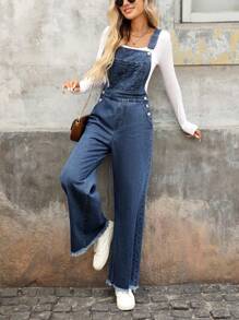 EMERY ROSE 女式宽松休闲日常穿搭磨边牛仔背带裤 - 藍色 - 查看 7