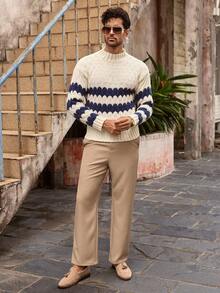 HIMLAND Maglione casual oversize da uomo con collo rotondo, a righe e contrasto di colori, maglia larga, maglione da uomo, maglieria da uomo, maglione da uomo, pullover da uomo, maglione a fantasia da uomo, maglione a righe da uomo, autunno inverno