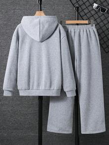 SHEIN 青少年男孩休闲街头纯色口袋百搭舒适纯色长袖连帽衫和运动裤套装，适合通勤、上学、日常休闲、旅行、运动、派对、秋冬 - 灰色 - 查看 7