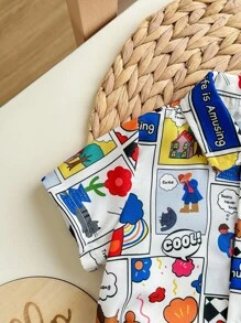 SHEIN 2 件套婴儿男童/女童休闲百搭可爱卡通图案短袖 Polo 衫和松紧腰短裤适合夏季、春夏穿着