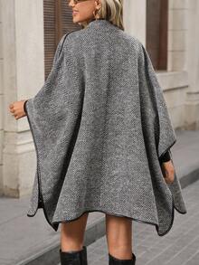 EMERY ROSE 女士人字纹单排扣蝙蝠袖宽松时尚大衣，秋季外出冬季外套 - 灰色 - 查看 3