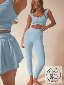 Aralina 女式纯色褶饰短款上衣和紧身裤套装