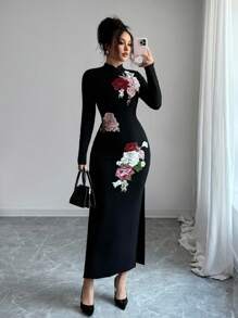 Elenzga 女士黑色立领修身旗袍连衣裙，优雅刺绣高端旗袍 - 彩色 - 查看 4