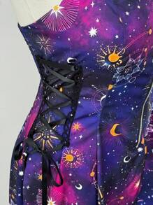 Flirla Váy midi trễ vai in họa tiết bầu trời đầy sao thời trang đa năng mới cho ngày lễ, trang trí eo xếp nếp có khóa kéo phía trước dành cho nữ, trang phục rave - Nhiều màu - Xem 4