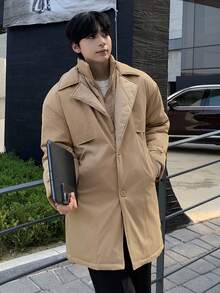 DAZY Khaki Windbreaker Jacket, Double-Breasted Design, Long Style Men's Padded Coat, Winter - Khaki - View 7