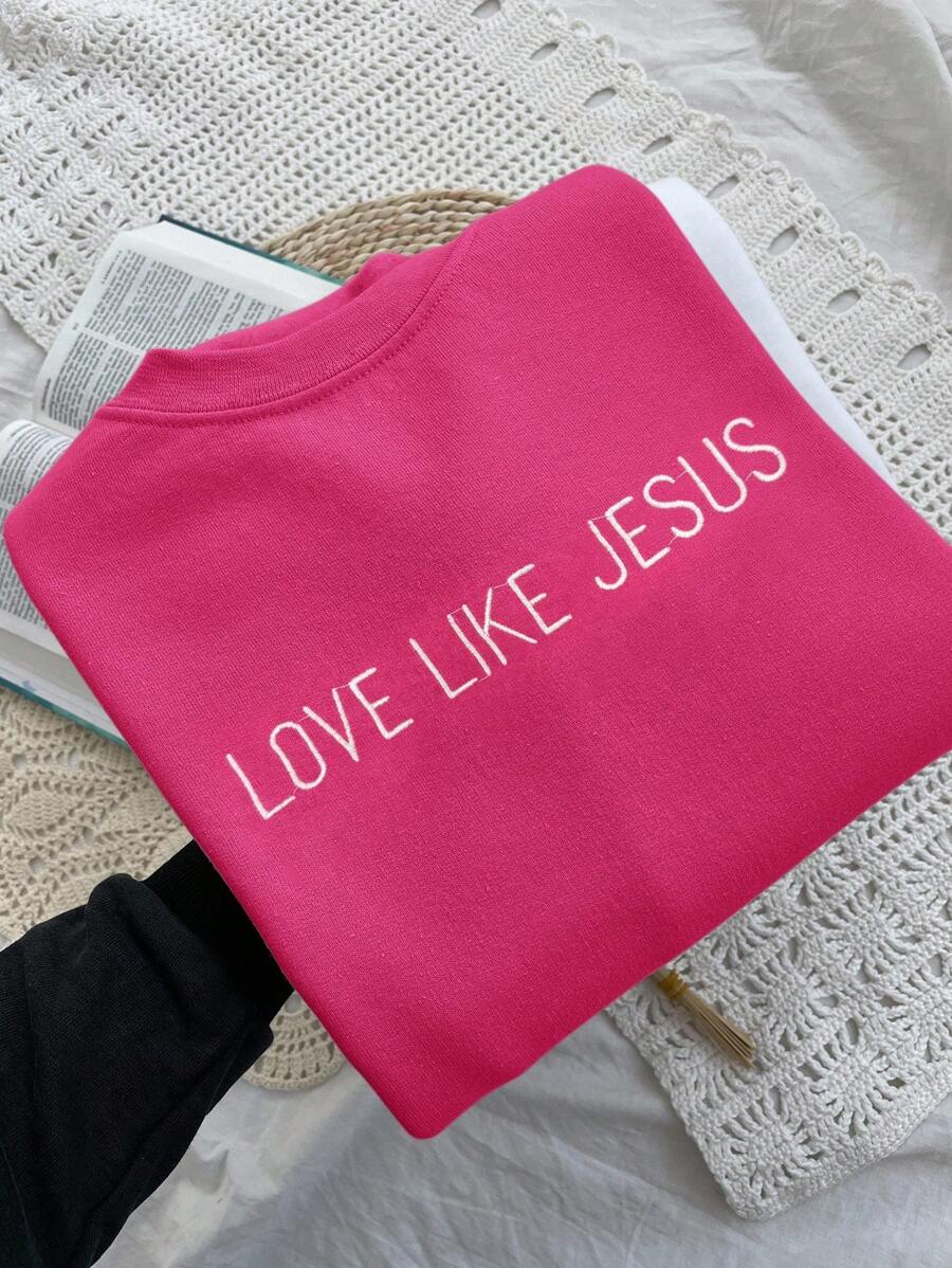 INAWLY Jesus Embroidery Pattern Solid Color Casual Loose Thicker Crew Neck Sweatshirt For Women, Autumn/Winter Graduation,Back To School,Graduation,Teacher For Women,Back To School Pullover Fall Sweatshirt - Hot Pink - View 1