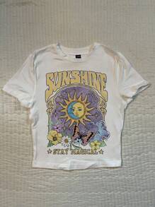 Attitoon Casual Crew Neck Short Sleeve Fitted Women T-Shirt, Suitable For Summer, Vacation, Sun, Moon, Butterfly, Floral Print Vintage Graphic Tees Summer Graphic Tees Suitable For Going Out - White - View 5