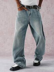 Manfinity EMRG 复古水洗蓝色直筒牛仔裤，带水钻星星装饰，春夏 - 藍色 - 查看 4