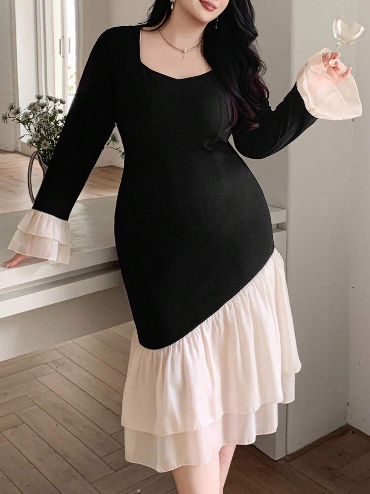 Dazy Plus Plus Size Women Square Neck Bodycon Party Dress With Contrast Color Cuff And Hem Fishtail Design Long Sleeve Dress