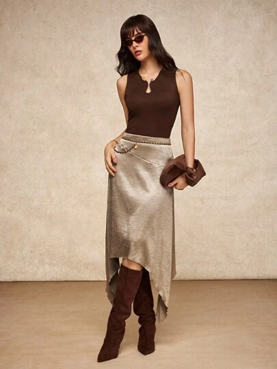 House of One Old Money Solid Color V-Neck Rib Knit Metal Decor Sleeveless Old Money Fall Women Clothes Casual Chic Daily Sexy Tank Top Women Autumn Fall Outfits Business Professional Women Business Casual Woman