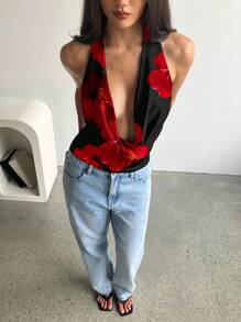 Aloruh 女士性感黑红花卉图案垂坠领吊带背心，适合夏季、夏威夷花卉、度假、海滩、音乐节、派对、宴会 - 黑色 - 查看 4