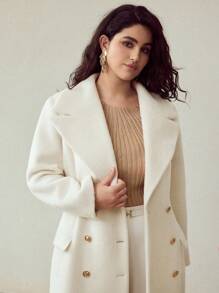 MOTF PREMIUM Áo khoác dài len pha cổ áo oversized thắt eo nút kim loại thanh lịch, mùa thu/đông - trắng - Xem 8