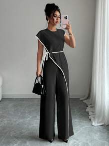 女式夏季时尚撞色镶边阔腿连体裤 - 黑色 - 查看 3