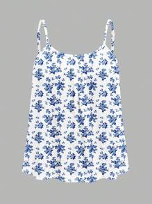 SHEIN EZwear 3 件套大码花卉印花休闲吊带背心，夏季适用，黑/白 & 蓝/白 - 彩色 - 查看 9