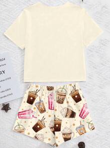 SHEIN Leap Crew Teen Girl Bubble Tea Print Casual Loose Simple Round Neck Short Sleeve Shorts Loungewear Set, Suitable For Spring & Summer - Multicolor - View 3