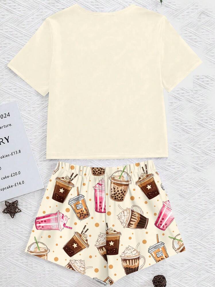SHEIN Leap Crew Teen Girl Bubble Tea Print Casual Loose Simple Round Neck Short Sleeve Shorts Loungewear Set, Suitable For Spring & Summer - Multicolor - View 3